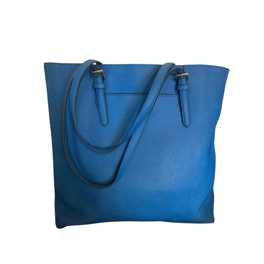 Michael Kors Jet Set Travel Tote Blue Saffiano Leather Gold Hardware Handbag